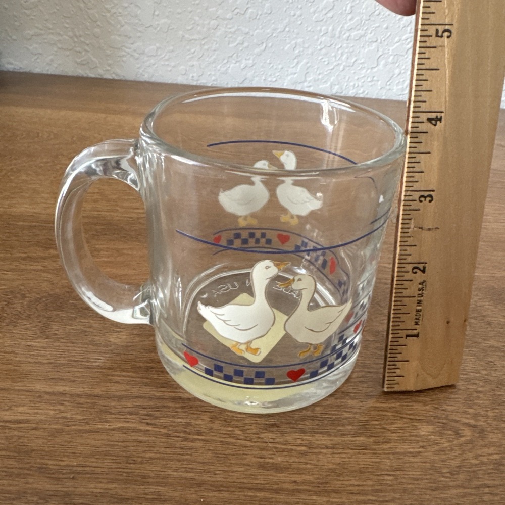 Vintage Libbey Country Geese Coffee mug  glass checkered & Hearts Made in USA. - Picture 8 of 9